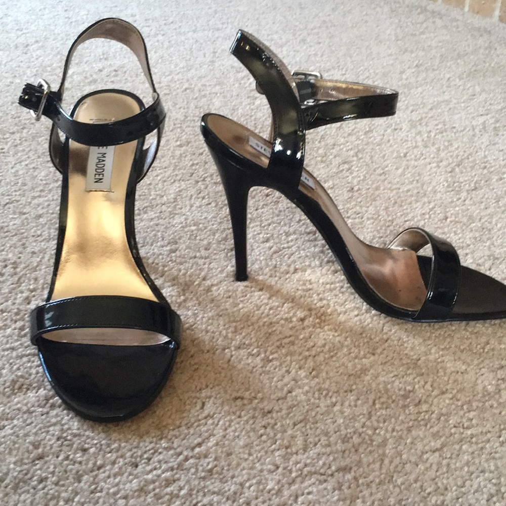 Strappy black patent heels